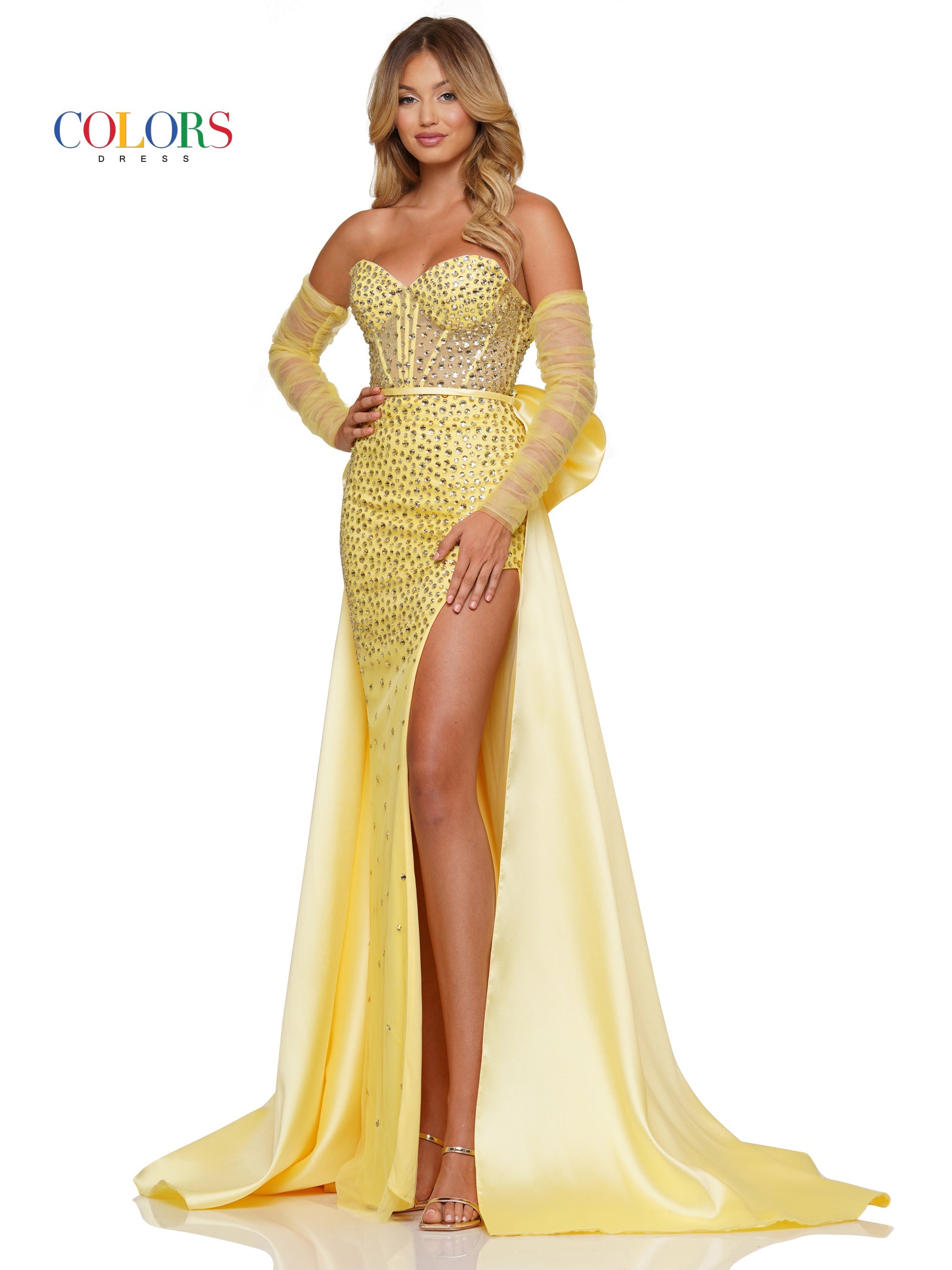 Colors 3168 Long Formal Beaded Overskirt Prom Dress with Sleeves