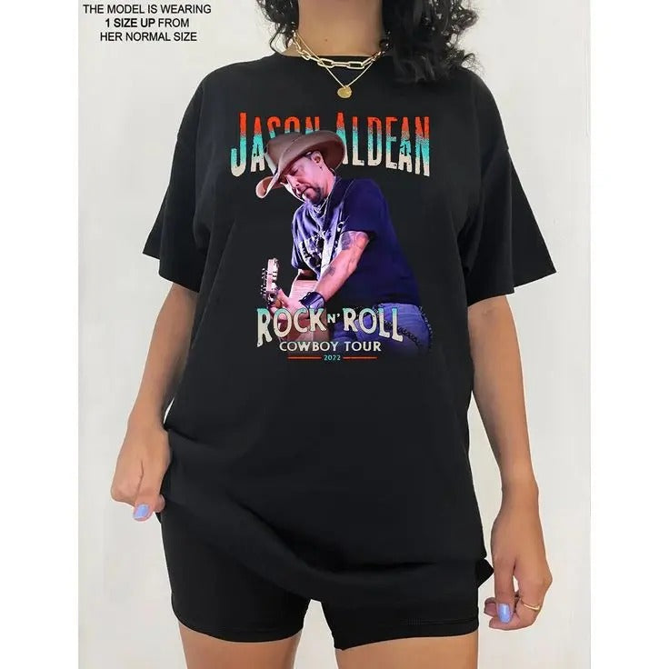 1 Sided Jason Rock N Roll Cowboy Tour 2022 PREMIUM T Shirt, Aldean Shirt, Country Music Tee,2022 Cowboy Tour Concert Merch