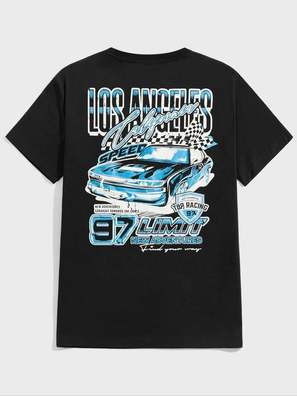 100% Cotton Men's Cartoon Car Graphic Print Round Neck Tee, Regular Fit Casual Fashion Short Sleeve T-shirt for Daily Wear, Streetwear, Back To School Tee, Graphic Tees, Men Summer Top