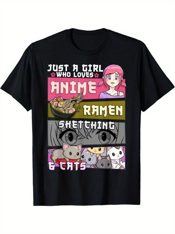 100% Cotton Ramen Cat Anime Sketch Graphic Tee - Unique Cartoon Design, Soft Black Men's T-Shirt for Anime Enthusiasts