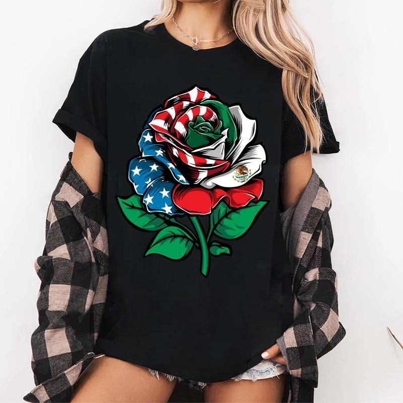 100% Cotton Rose Mexico USA Flag Shirt, Mexican American Shirt, Mexico Independence T-Shirt