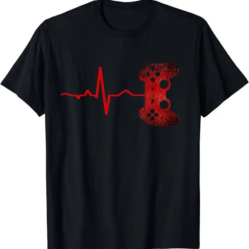 100% CottonGamer Heartbeat Video Graphic Men's Short Sleeve T-shirt, Comfy Stretchy Trendy Tees For Summer