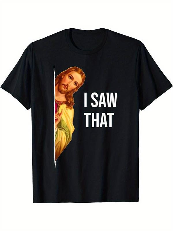 100% CottonMen's "I SAW THAT" Jesus Meme Graphic T-Shirt - Casual Black Polyester Tee with Crew Neck, Short Sleeves - Machine Washable, All-Season Wear
