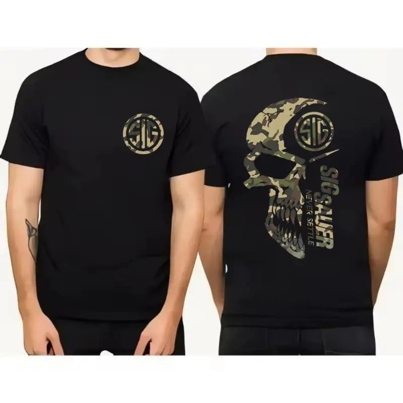 2025 Summer Men's Camo with Sig Sauer Never Settle T-shirt, Unisex Short Sleeve Casual 100% Cotton, Camo Shirt, Sig Sauer Lover Gift