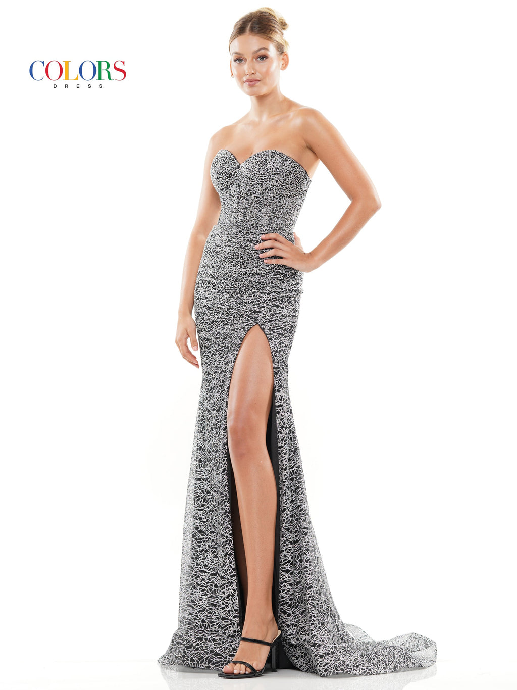 Colors 3103 Long Strapless Glitter Prom Dress