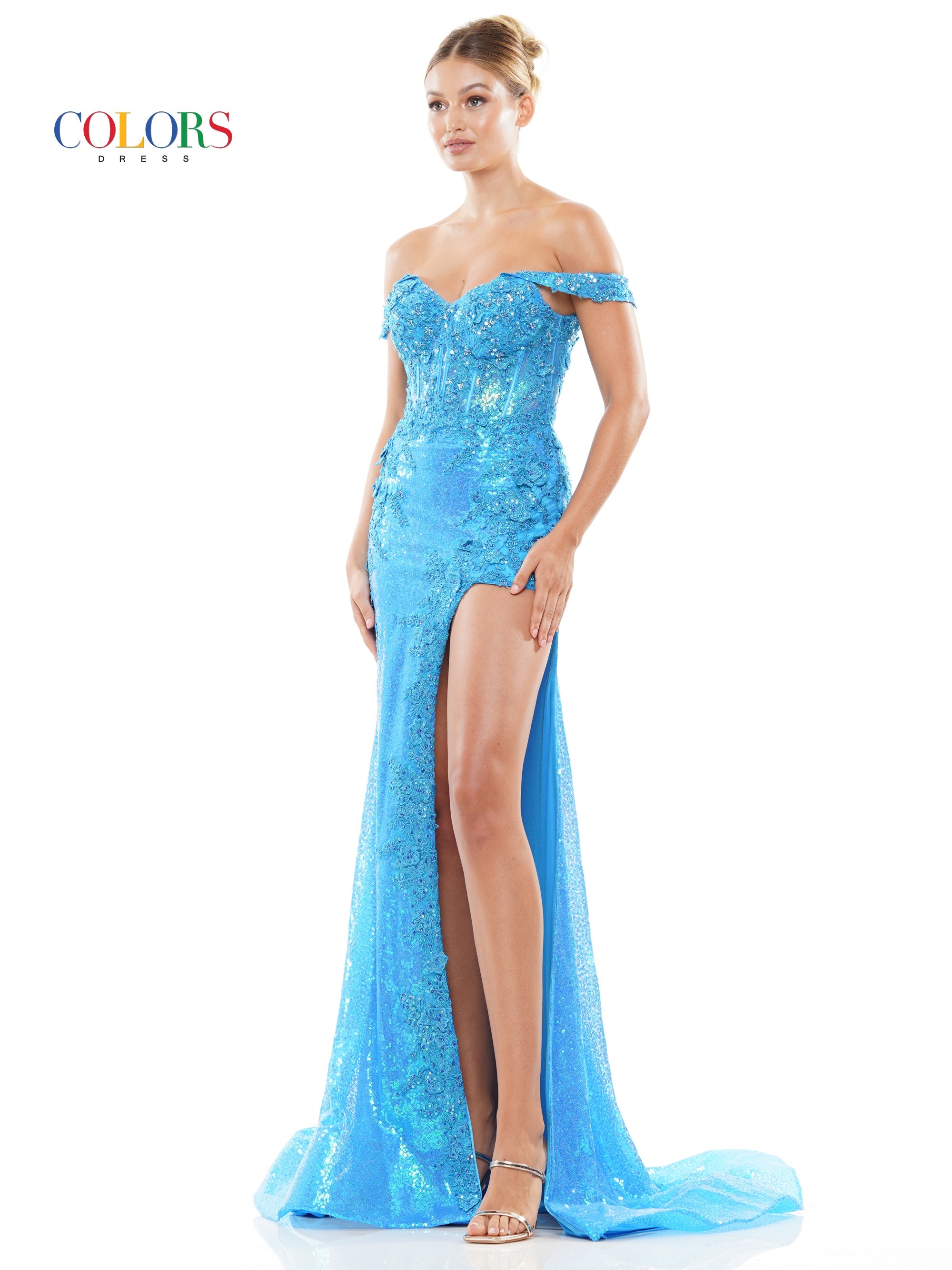 Colors 3108 Long Off shoulder Fitted Prom Formal Dress