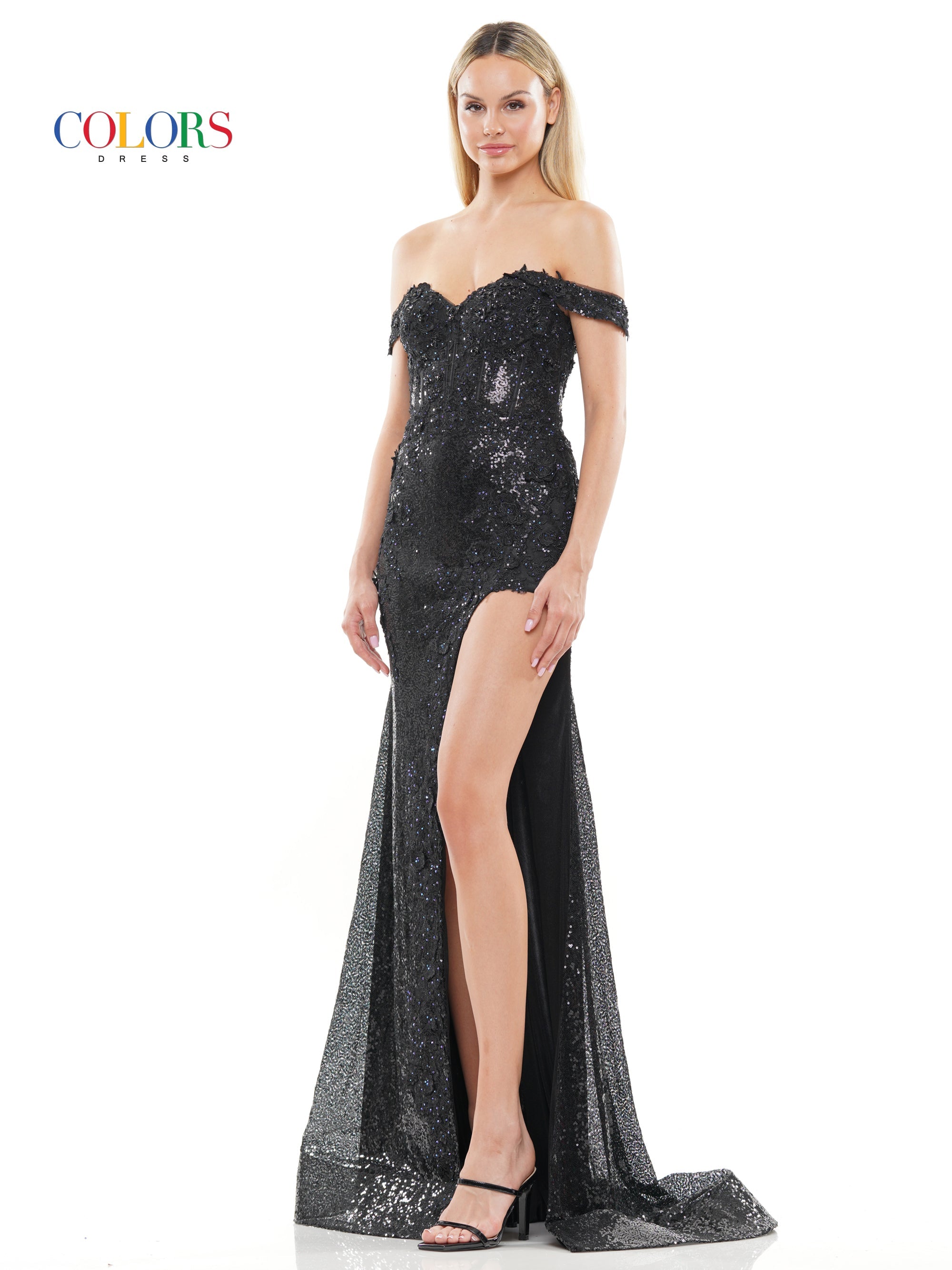 Colors 3108 Long Off shoulder Fitted Prom Formal Dress