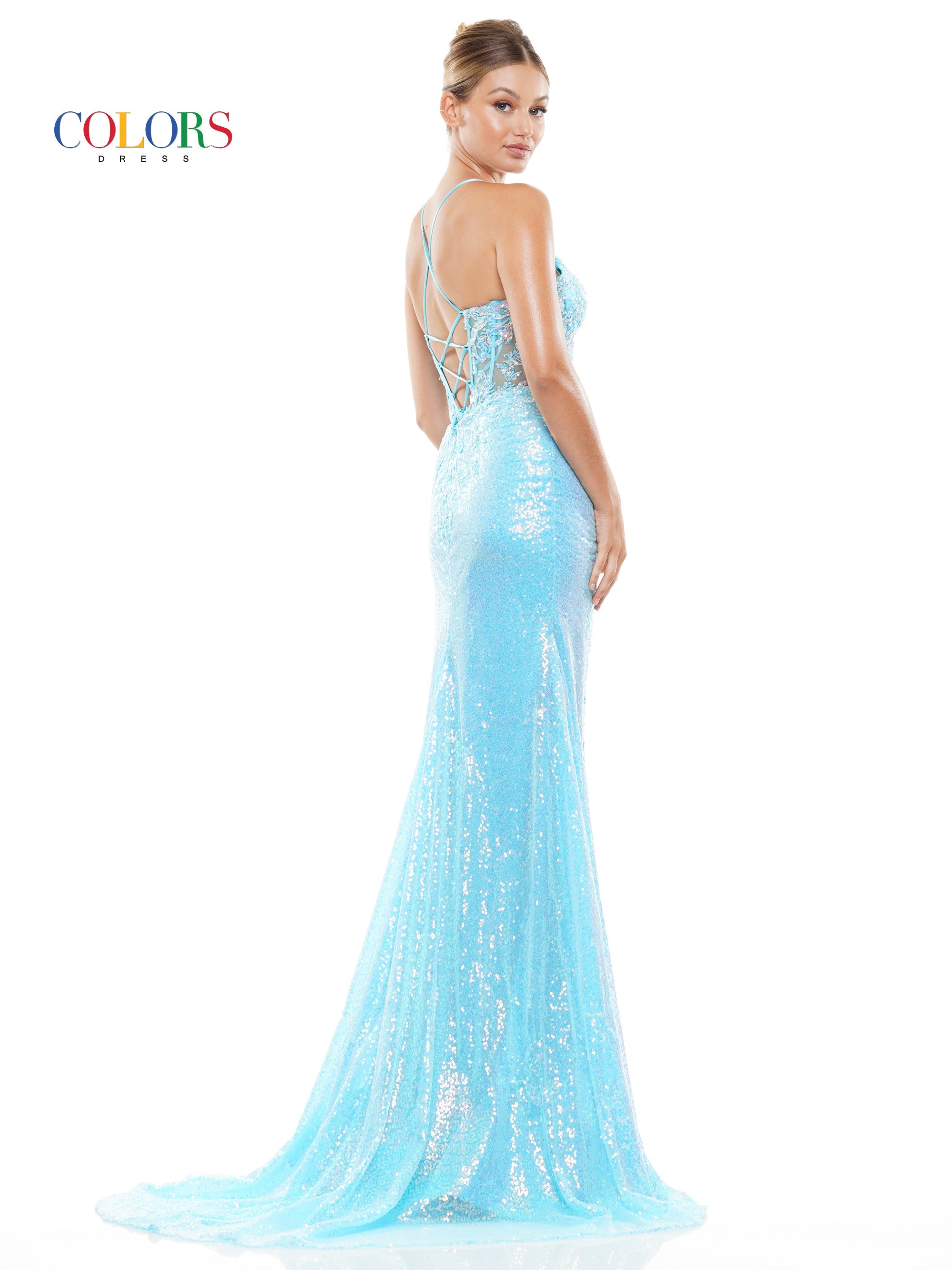 Colors 3110 Long Spaghetti Strap Fitted Prom Dress