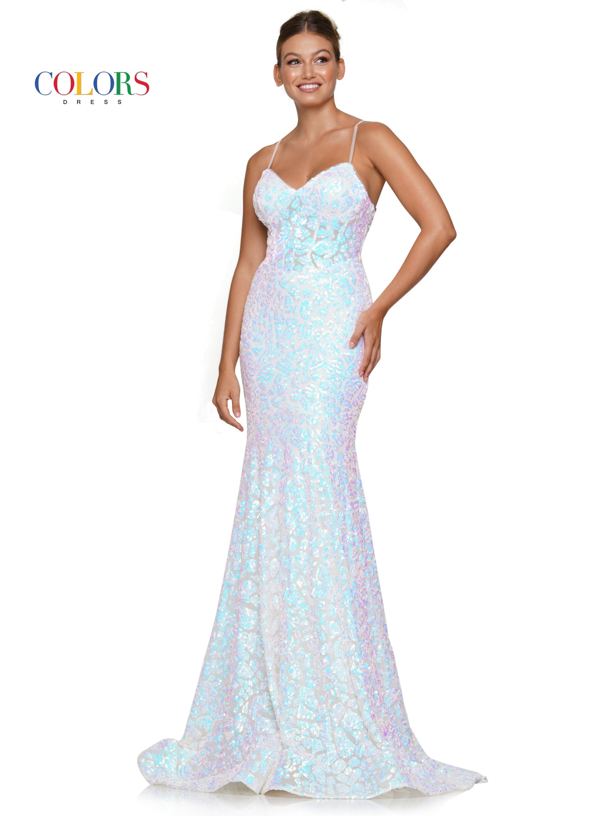 Colors 3113 Long Fitted Spaghetti Strap Sequin Prom Dress