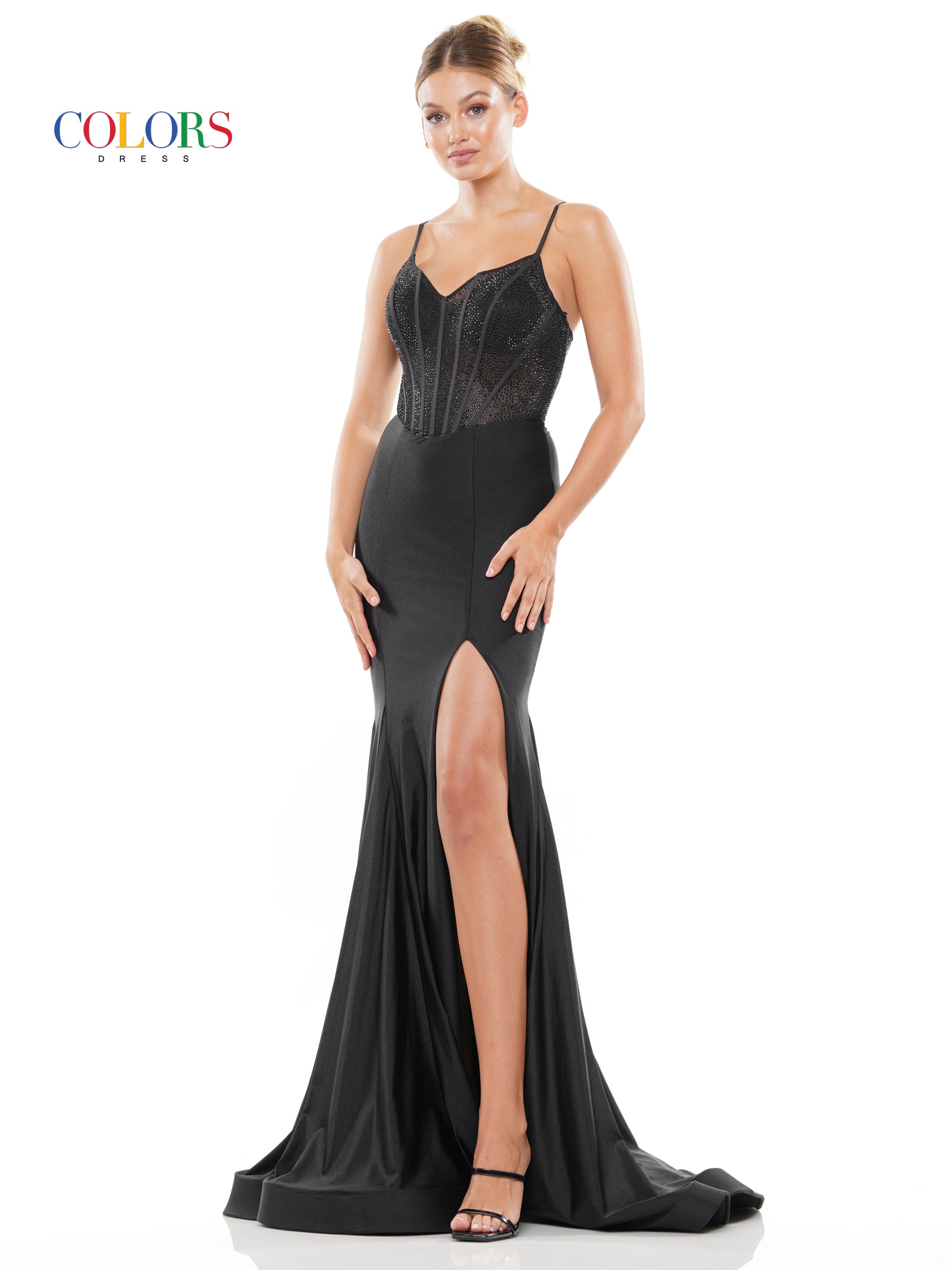 Colors 3131 Long Spaghetti Strap Beaded Prom Dress
