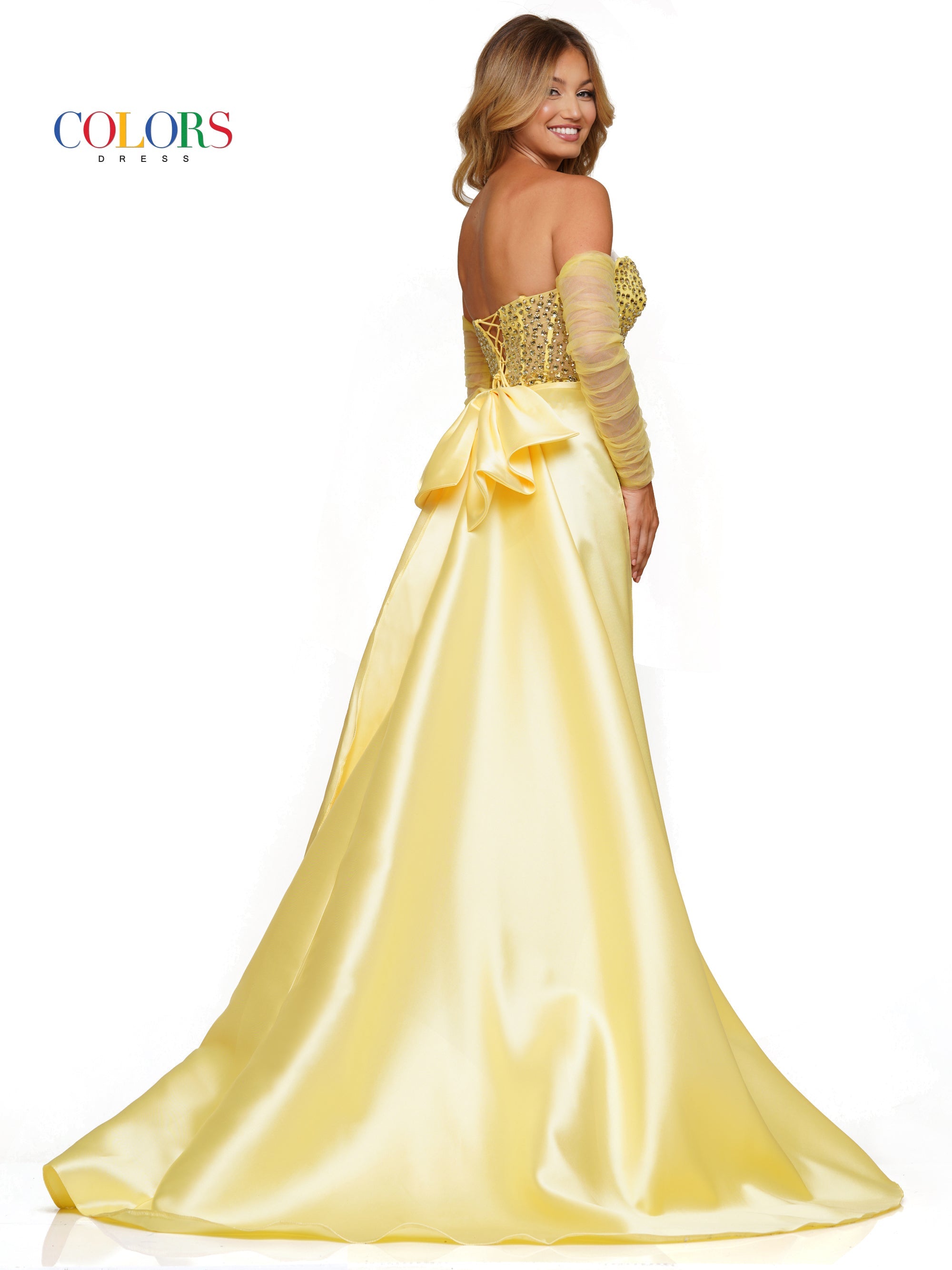 Colors 3168 Long  Formal Beaded Overskirt Prom Dress with Sleeves