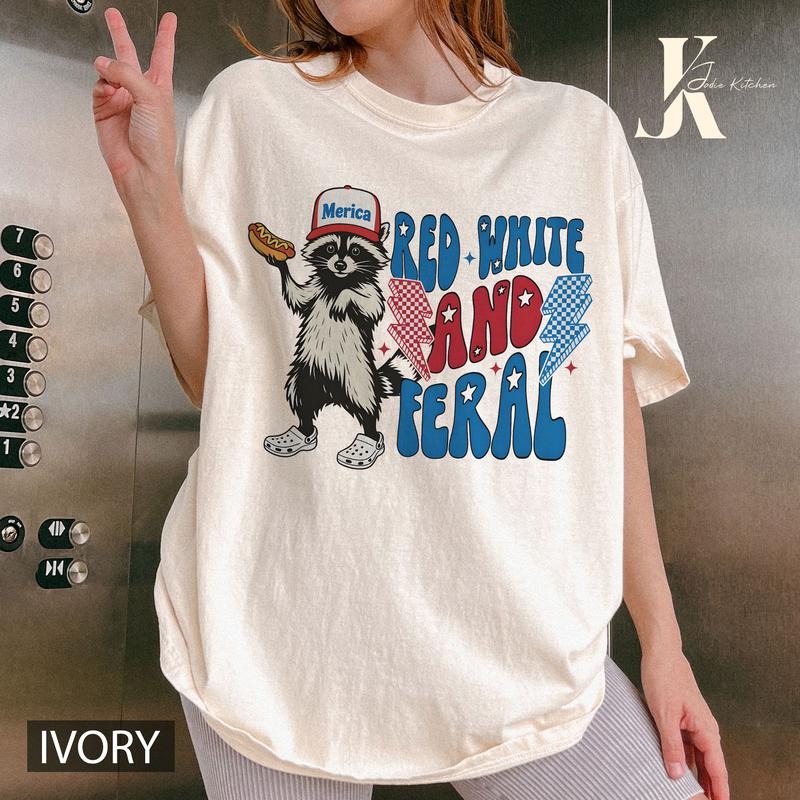4th Of July Comfort Colors Shirt, Red White And Feral Tee, Funny USA Shirt, Funny Raccoon Shirt, Feral T-Shirt, Hotdog Raccoon, Merica Top Womenswear