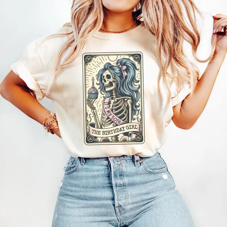 50th Birthday Gift for Her, 50th Birthday Tarot Card T-Shirt, Funny Skeleton Birthday Celebration Tee, 50th B-day Gift Womenswear Top