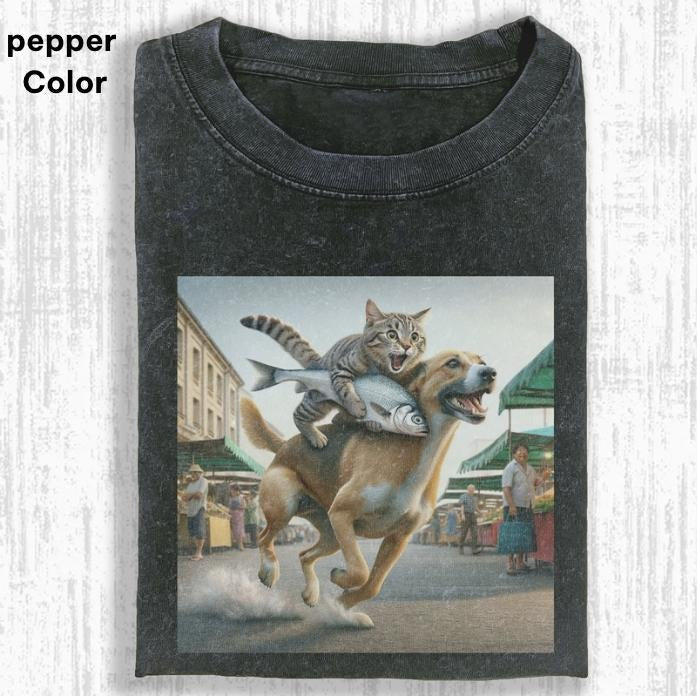 A vibrant street market scene. A large dog, Cat Shirt, WACKY CAT T-SHIRT, FUNNY CUTE CAT, funny shirts for women, Womenswear Cotton Top