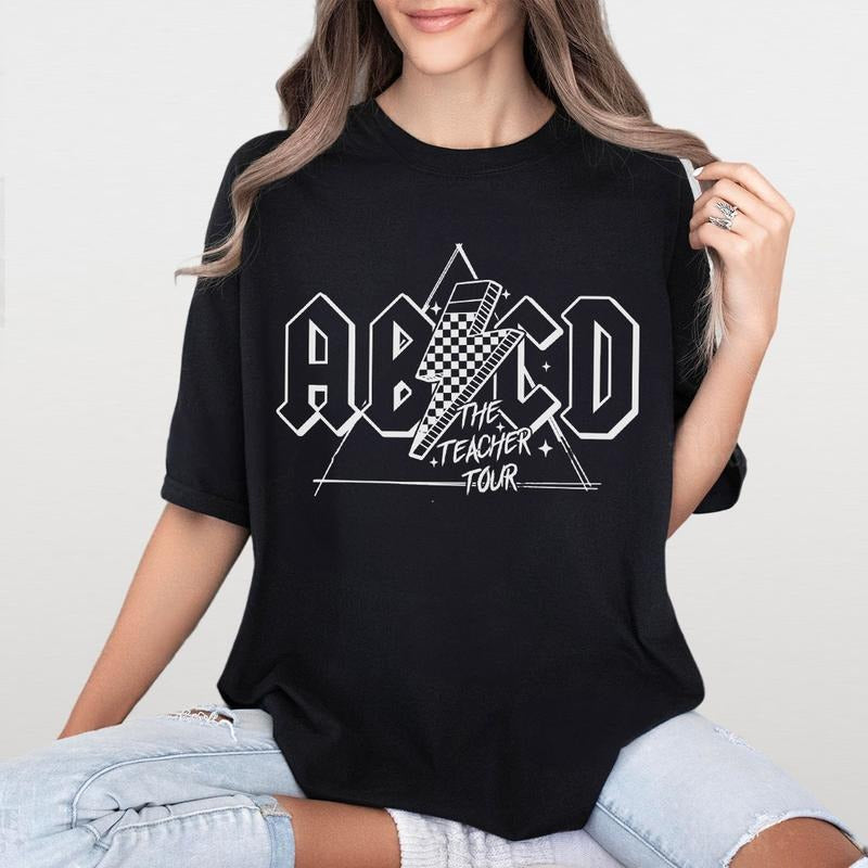 ABCD The Teacher Tour Shirt, Rock N' Roll Teacher T-Shirt, Funny Teacher Tee, Back To School Teacher Gift, Educator Life Shirt, Classroom Humor Top, Cute Teacher Wear, Comfortable Casual Women's T-Shirt, Retro Teaching Design