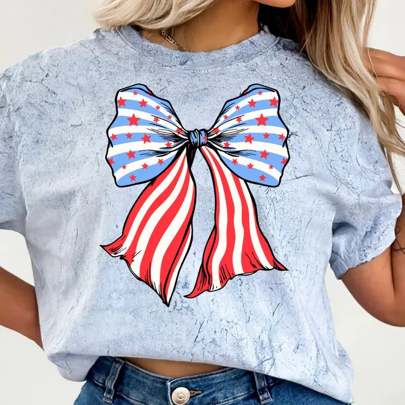 AMERICAN FLAG BOW SHIRT, 4TH OF JULY SHIRT, JULY 4TH SHIRT UNISEX COTTON SHIRT, OVERSIZED HOLIDAY SUMMER SHIRT Comfort Fabric Casual Top