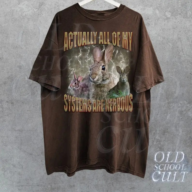 Actually All Of My Systems Are Nervous Vintage T Shirt, Retro 90s Bootleg Shirt, Oversized Rabbit Tee, Funny T Shirt,Funny Gifts For Friends