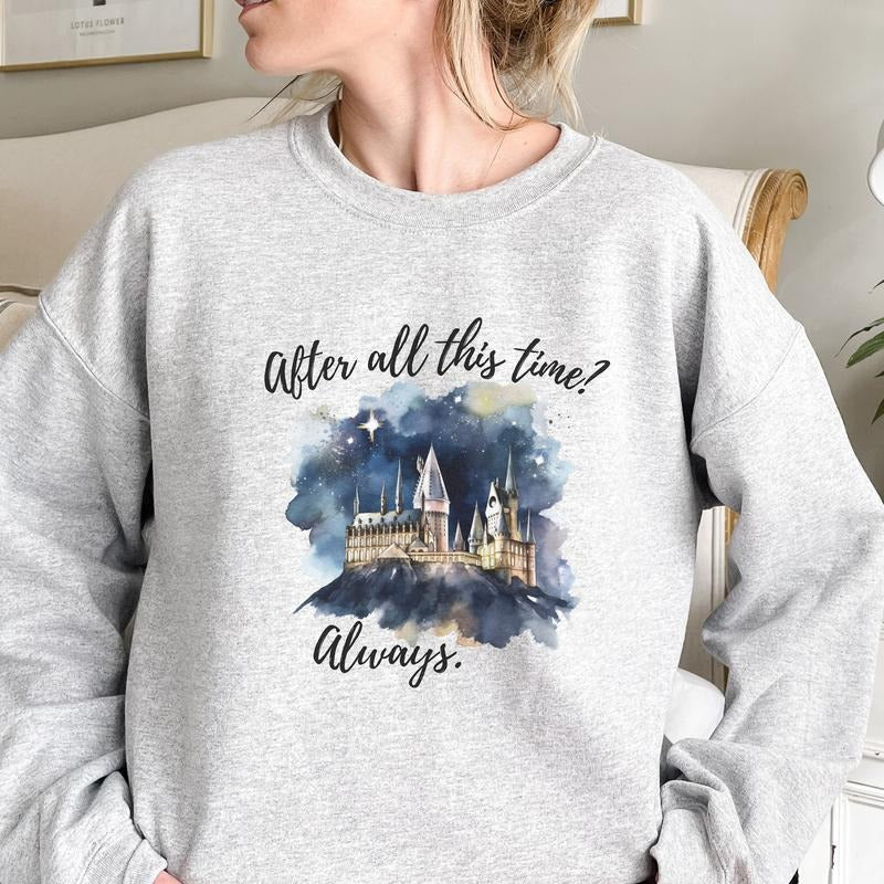 After All This Time Always Sweatshirt, Vintage Wizard House Hoodie, Wizard Book Crewneck, HP Wizard School Shirt, Magic Sweater Gift, Harry Magic Universal Potter Womenswear Soft Crewneck Pullover Long Sleeves Graphic Fabric Outfit