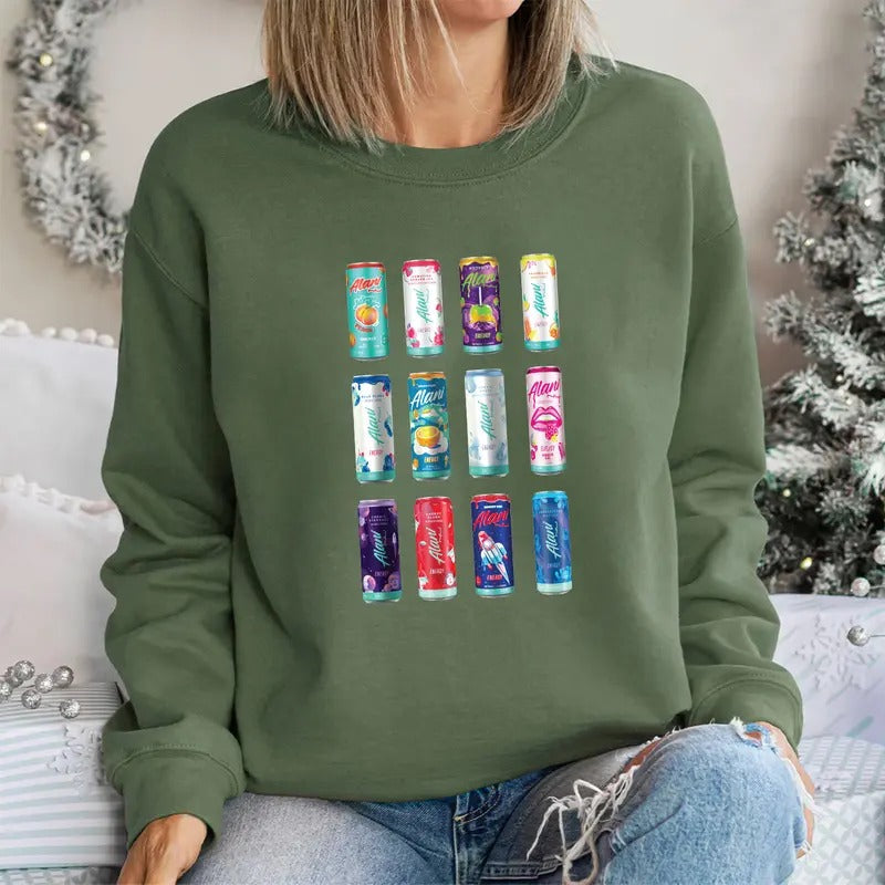 Alani Nu Energy Drink Sweatshirt, Energy Drink Aesthetic Sweatshirt, Colorful Can Print Pullover, Oversized Graphic Crewneck for Women, Cozy Casual Fall Style
