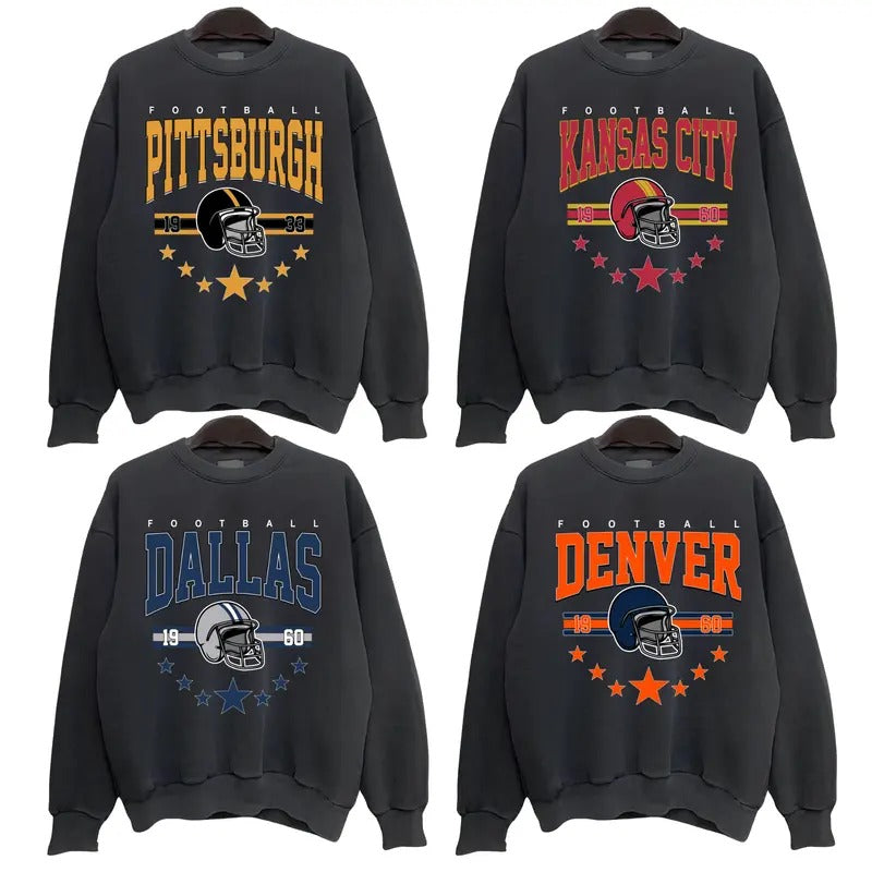 All Team Crewneck Sweatshirt, Sweatshirt Vintage Classic Football, Vintage Black Color Sport Football Sweatshirt, Gift for Men and Women
