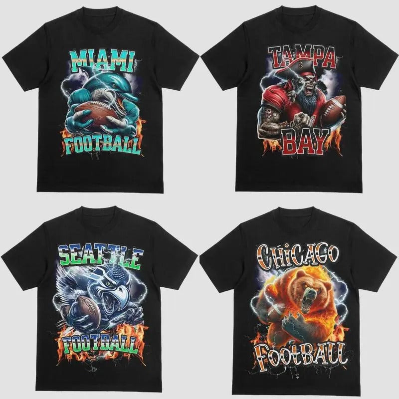All Team Football Vintage Graphic Throwback Black Color T-shirt, Vintage Football Retro Style Casual Unisex Tee, Sport Shirt  for Men, for Women