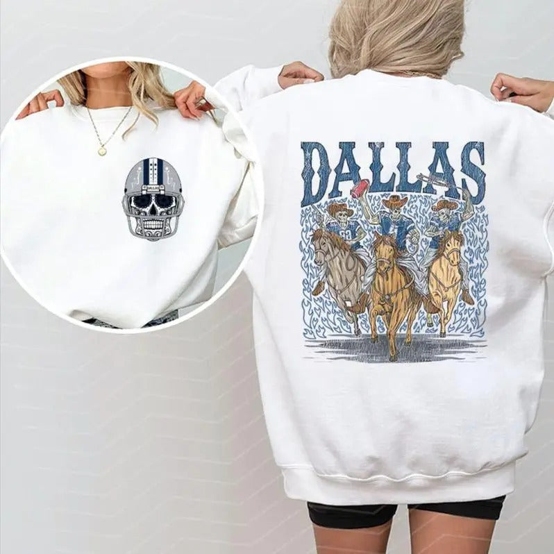 All Teams Football Skeleton Halloween 2 Side Sweatshirt, Dallas Denver Detroit Sport Shirt, Vintage Big Words Logo for Classic Sports Fans, Halloween Sweatshirts for Men, For Women