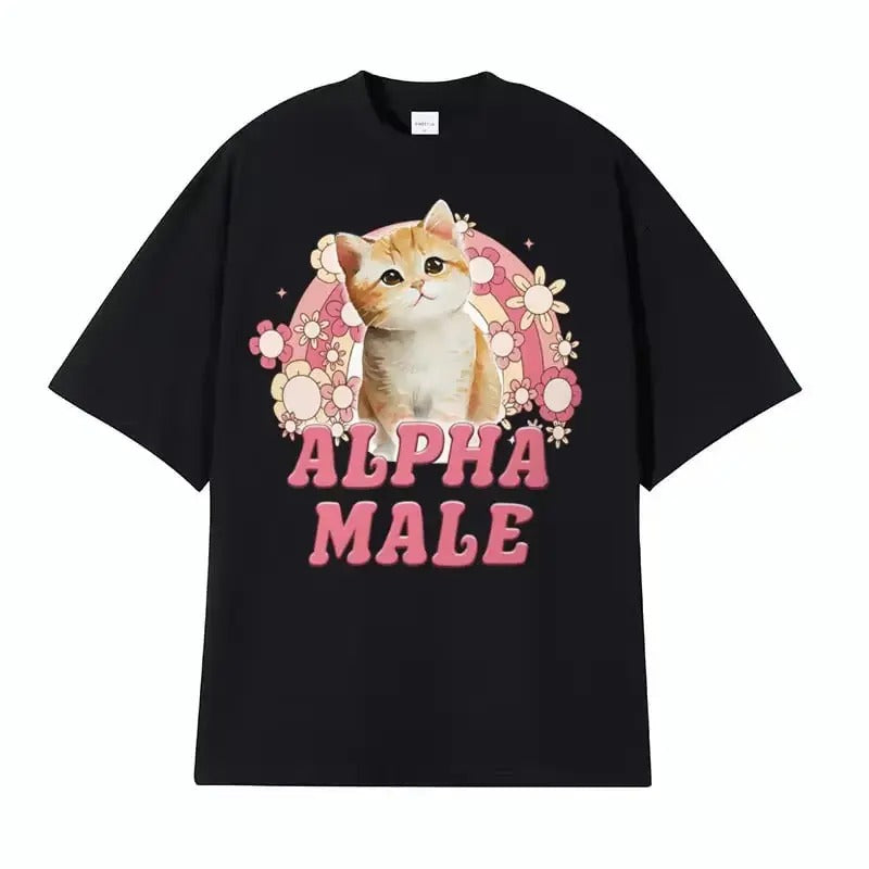 Alpha Men Cute Cat Rainbow Women's T-shirt Fun Cat Memory Pattern T-shirt Fashion Retro Short Sleeve T-shirt Street Wear, vintage unisex