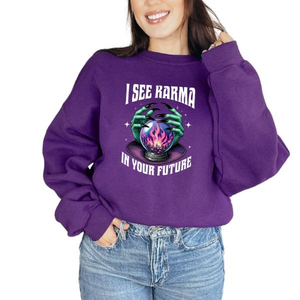 I See Karma in Your Future" Witches Hand Crystal Ball Graphic Sweatshirt - Grunge/Alt Aesthetic with Halloween Dark Vibes | Sarcastic Tattooed Witch Hands Design | Perfect for Spooky Season & Alt Fashion | Edgy, Mystical, and Bold Statement Piece