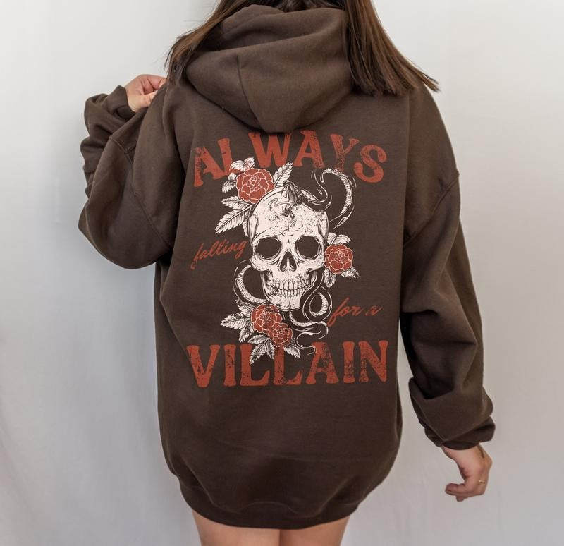 Always Falling For A Villain Hoodie, Book Merch, Dark Academia Poet Shirt, Book Boyfriend Sweatshirt, Book Lover Gift, Dark Romance Skeleton Unisex Soft Comfort Crewneck Pullover Long Sleeves Graphic Fabric Sweater