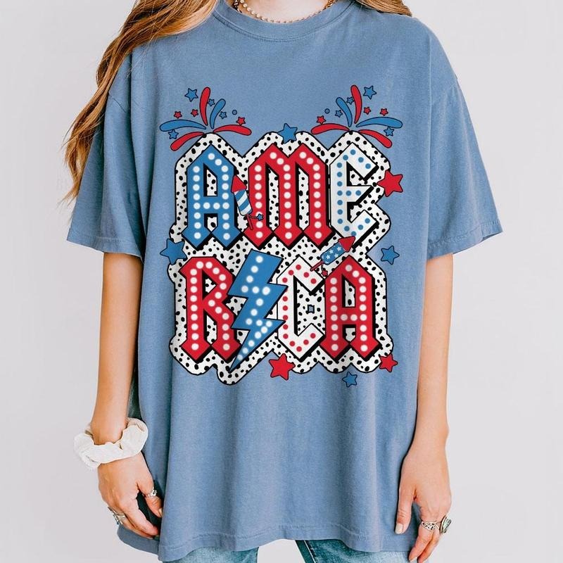 America Dalmatian Dots Shirt, 4th of July Shirt, Bright Doodle, Freedom Shirt, Independence Day Gift, Memorial Day Shirt, 1776 Shirt, Freedom shirt, Patriotic Shirt, Vintage America Shirt, Gift For Her, Women's Tops, 4th Of July Gift For Women