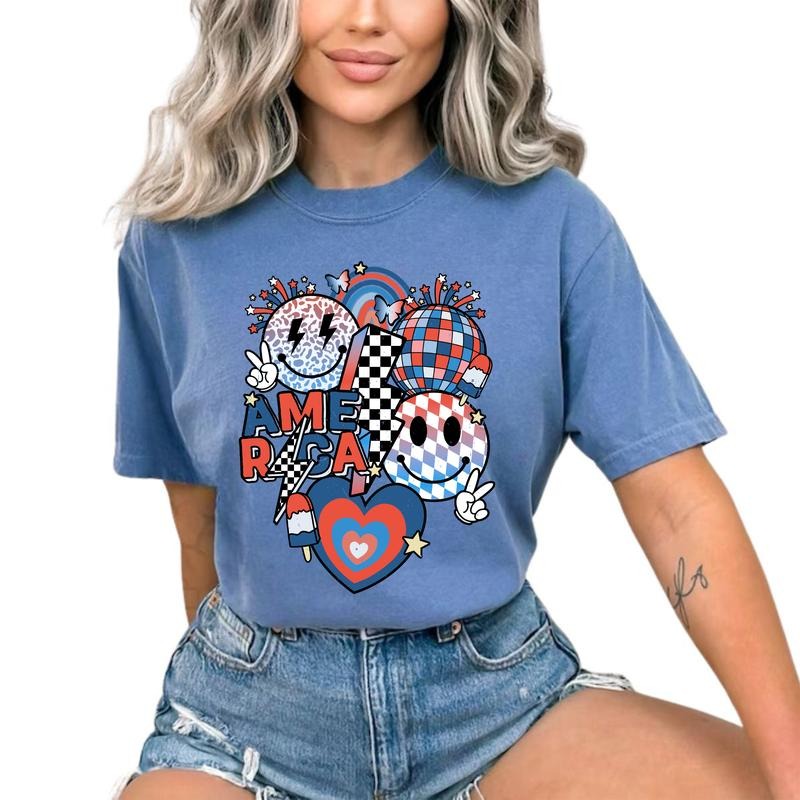 America Smile Face Shirt, 4th of July Graphic Shirt, Patriotic USA Tshirt, USA Independence Day Tshirt, Happy Smiling Face Tops, Funny Smile Face Graphic Tee, Patriotic Women Tops, Comfy Fabric Oversized Graphic Tee, Cotton Fabric Relaxed Fit Chic Style