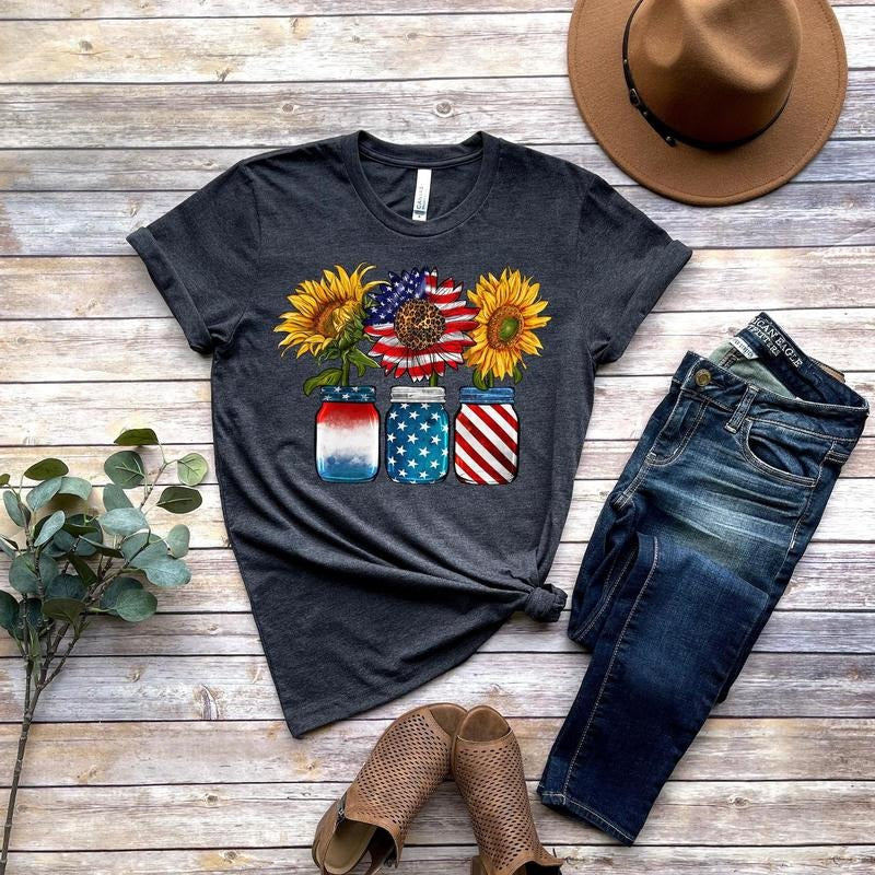 America Sunflower Shirt, USA Flag Flower T Shirt, Gift For American, 4th Of July Flag Graphic Tee, Freedom TShirt, Independence