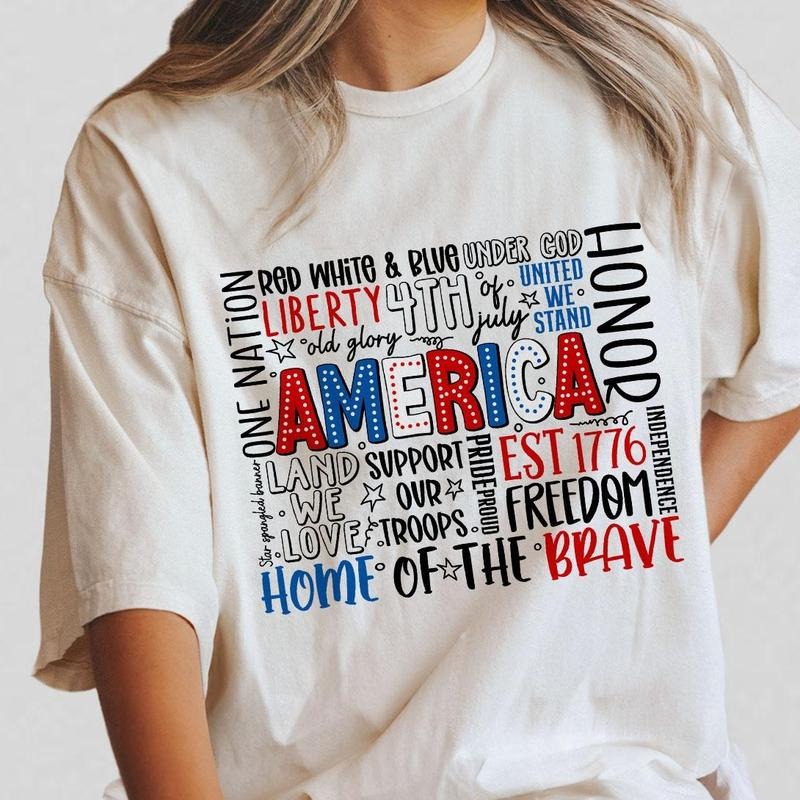 America Word Collage Shirt, 4th Of July T-Shirt, Patriotic Independence Day Tee, USA Pride Shirt, Red White and Blue Design, Women's Casual Wear, Comfortable Summer Top, Fourth Of July Celebration, Retro American Flag Shirt