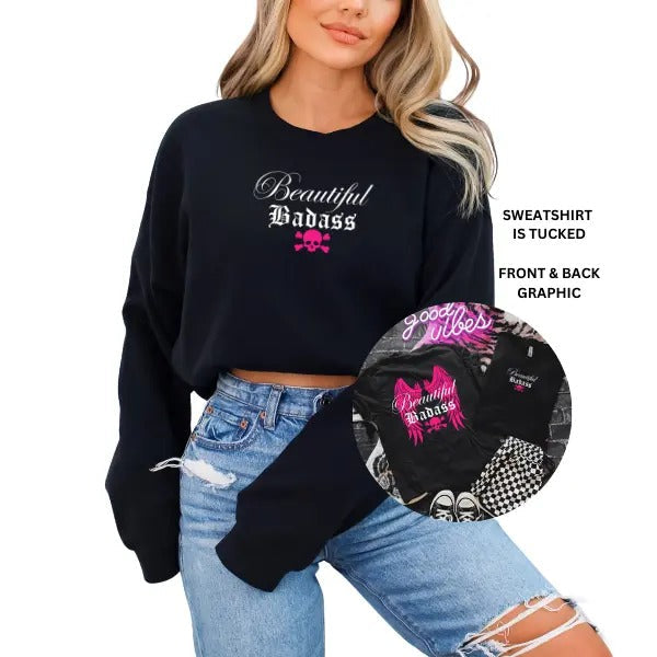 Beautiful Badass Hoodie/T-Shirt/Sweatshirt - Dark & Edgy Unisex, Skull & Crossbones w/ Angel Wings Back Graphic, Hot Pink Metalhead Style Front, Sarcastic, Grunge Vibes, Offensive AF, Sizes to 5XL, Front & Back Graphics, Perfect for Rebels & Rule-Breakers