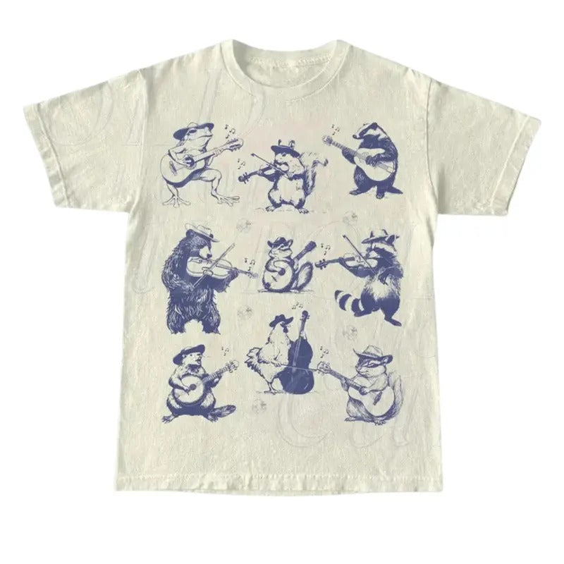 Animal Musicians 90s Tattoo Vintage Style Tshirt, Retro Animal Music Lovers Cute Nature Shirt, Bear Playing Guitar, Raccoon, Raccoon, Frog,Tee Menswear Top Underwear Streetwear