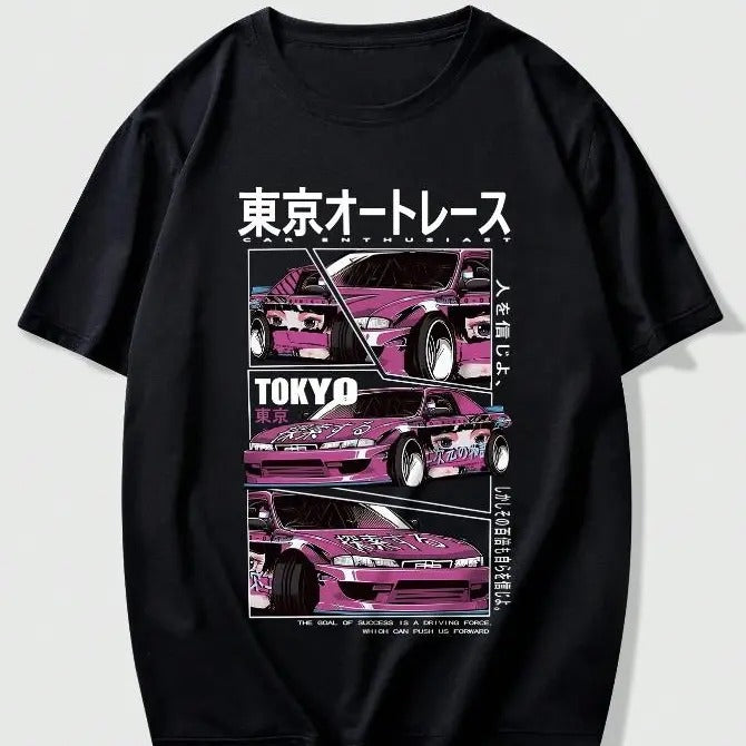 Anime JDM Car & Japanese Letter Graphic Tee Streetwear Shortsleeve Crewneck Shortsleeve Shortsleeve