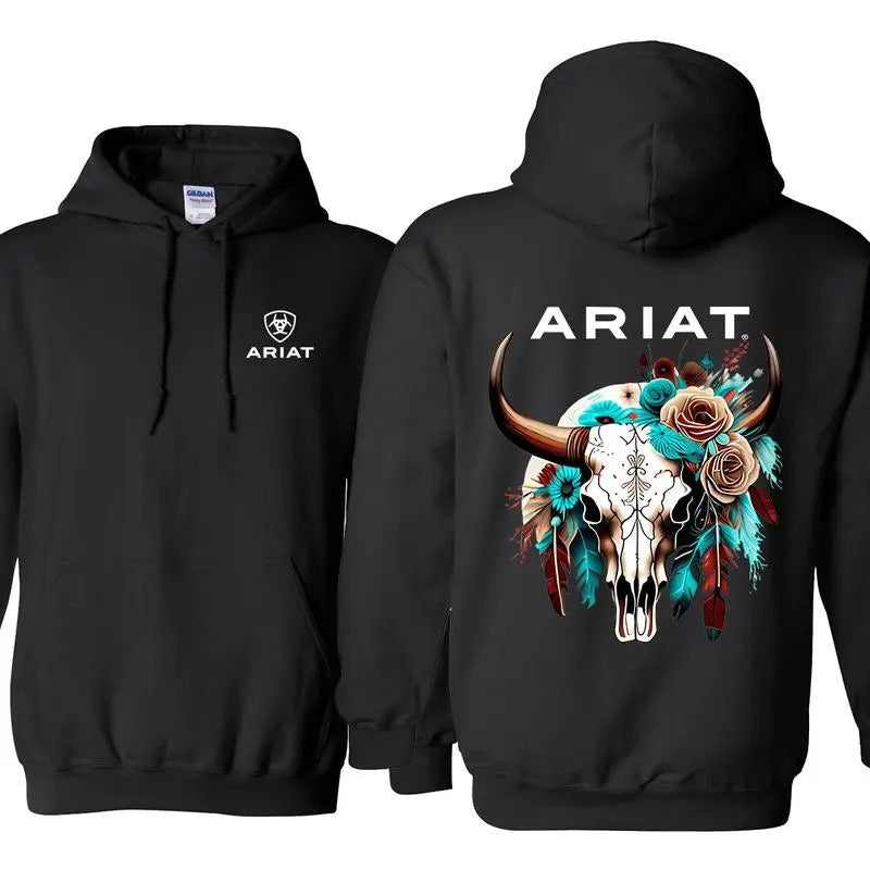 Ariat Hoodie - Sweatshirt - Tshirt, Featuring A Wild Bull Skull Design With Intricate Floral Patterns, Perfect For Outdoor Adventures Classic Cotton