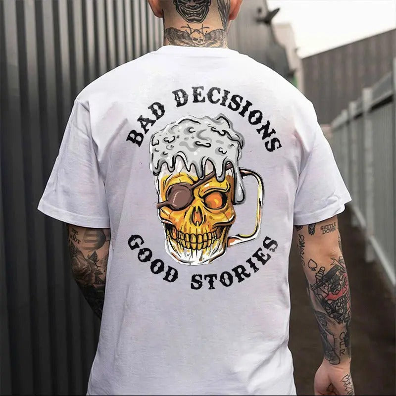 BAD DECISIONS GOOD STORIES Black Print T-Shirt, Naughty Clothes Men, Menswear Classic, Classic Cotton Fabric, Classic Menswear Oversized Pocket Sport
