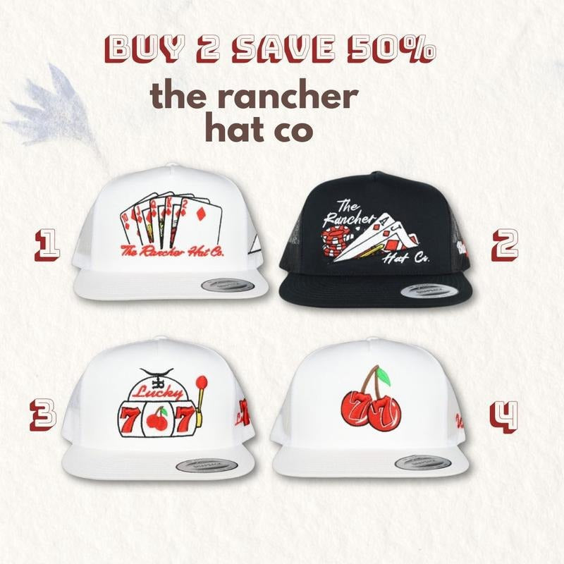 BUY 2 SAVE 50% Set 2 Hat The Rancher Hat Vintage "21 Blackjack"- Flat bill Trucker Snapback, "Ace Up My Sleeve"- Flatbill Trucker, "Wild Cherry"- Flatbill Trucker Snapback, "Lucky 7"- Flatbill Trucker