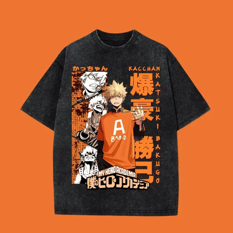Bakugo Katsuki Washed Oversized T-Shirt, My Hero Academia Anime Washed Heavy Cotton Special Graphic Tee