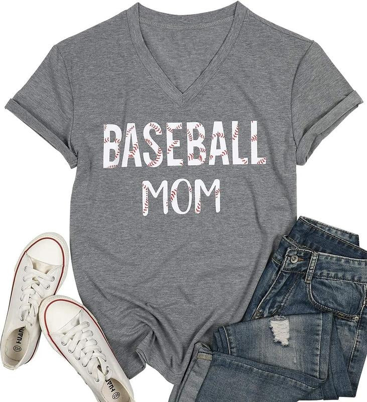 Baseball Mom T-Shirt Women Letter Print Funny Baseball Graphic T-Shirt  Casual T-Shirt Comfort Top