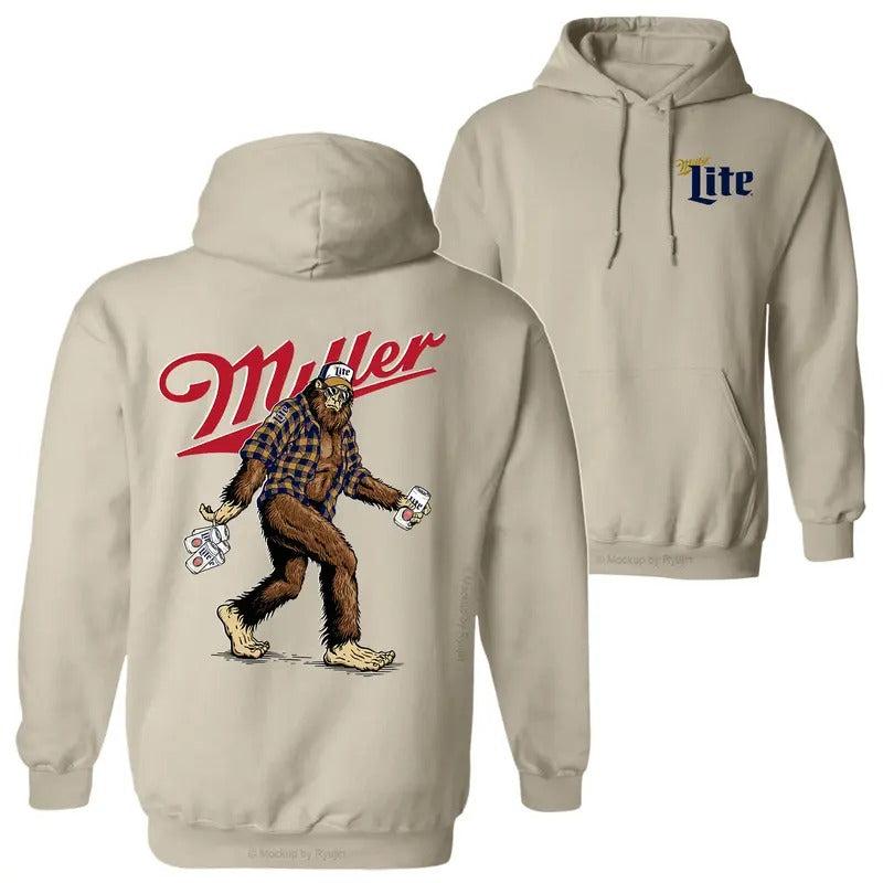 Bigfoot Miller Lite Hoodie Sweatshirt T-Shirt, Sasquatch Holding A Lite Beer Shirt, 2 Sided Graphic Printed Unisex Classic Comfort Cotton T-Shirt