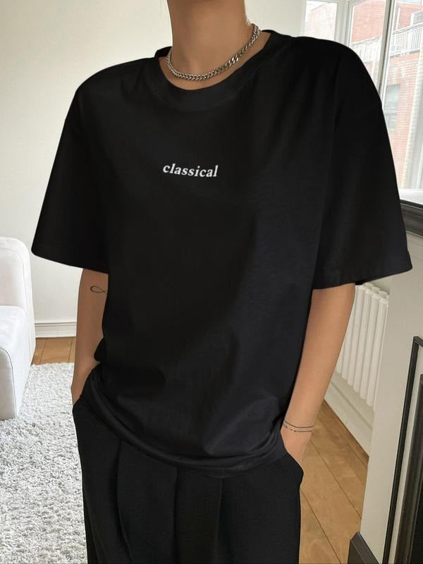 Black Friday Deal, Summer Clothes Women, 2024 New Women's Minimalist Oversized Letters Graphic T-shirt, Casual Loose Baggy Drop Shoulder White Tee, Summer Tops for Ladies