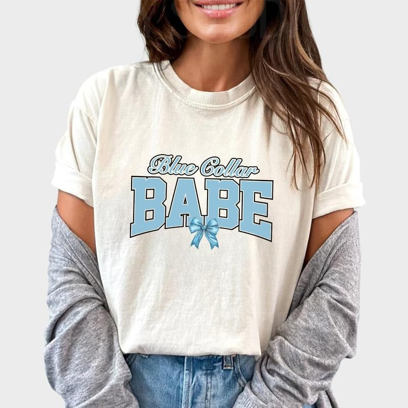 Blue Collar Babe Coquette Shirt, Coquette Spoiled Blue Collar Girlfriend Tee, Spoiled Blue Collar Wife Coquette Graphic Tee, Unhinged Shirt, Comfy Fabric Oversized Graphic Tee, Women's Tops, Womenswear, Cotton Fabric Relaxed Fit Chic Style