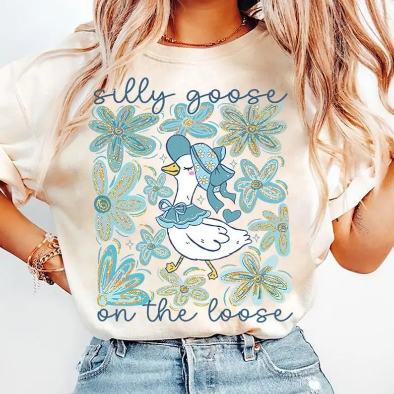 Boho Floral Goose T-shirt, Mama Goose Graphic Tee, Spring Floral GraphicTe, Silly Goose on the loose Girly T, Coquette Bow, Duck T, Goose LoverST