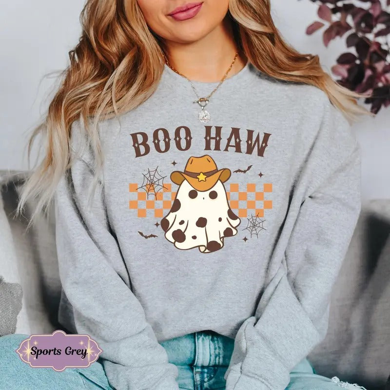 Boo Haw Ghost Sweatshirt, Groovy Western Cowboy Hat Ghost Hoodie, Country Cowboy Halloween Costume, Youth Halloween Sweatshirt, Graphic Hood