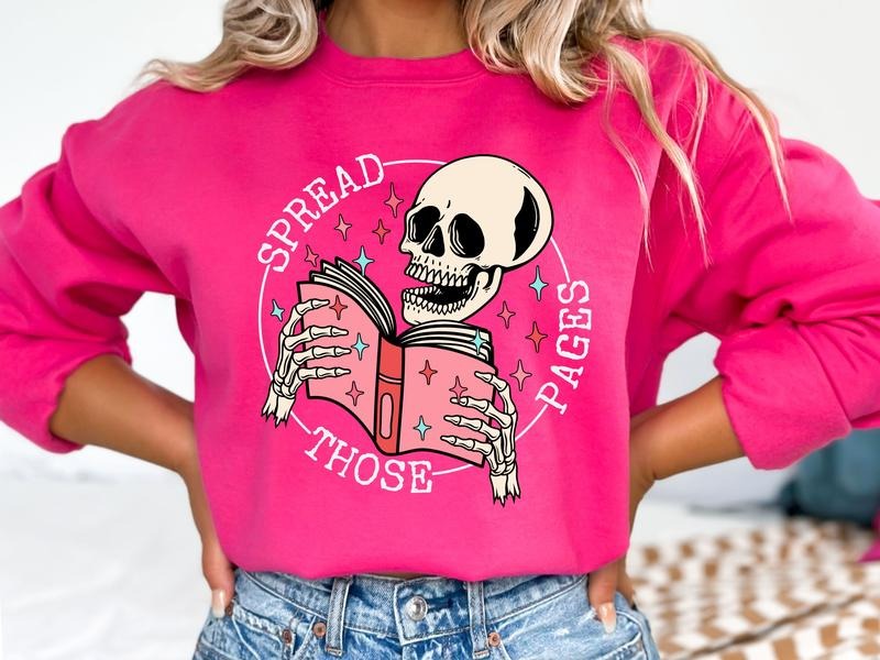 Book & Skull Graphic with Spread Those Pages Gildan Sweatshirt in Heliconia