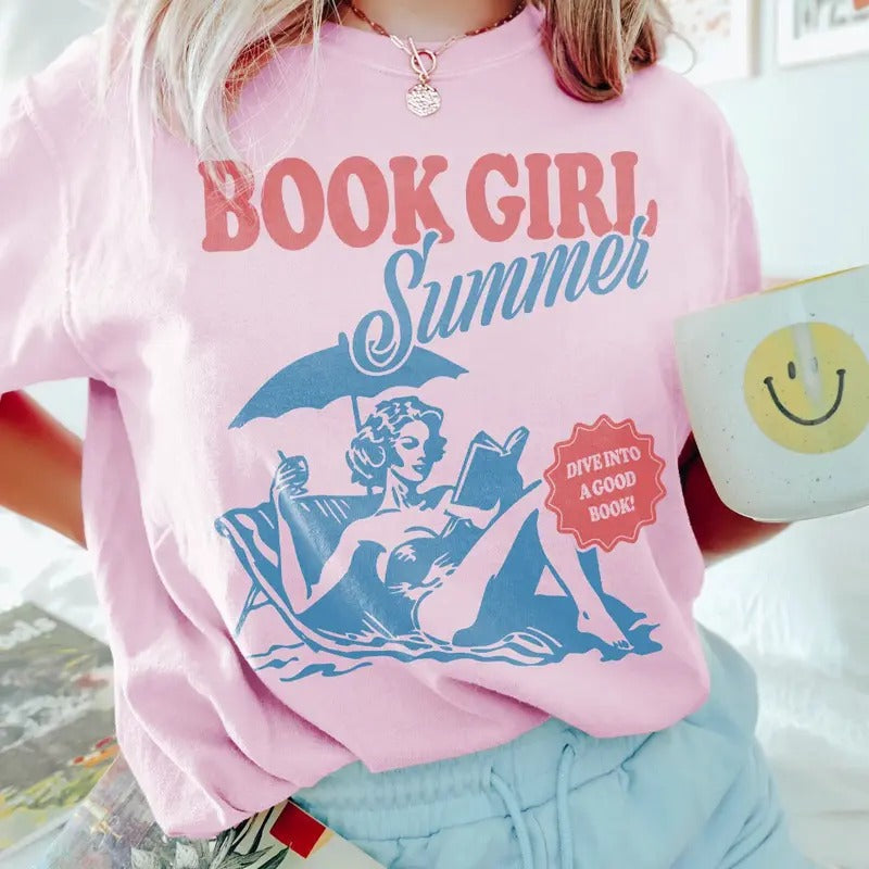 Book Girl Summer Shirt  Beach Book Lover Summer Bookish Funny Reader Oversized Beach Shirt Bookish Vacation Shirt Coconut Girl Romance Book Menswear Top Underwear Tshirt Casual Crewneck Round Neck