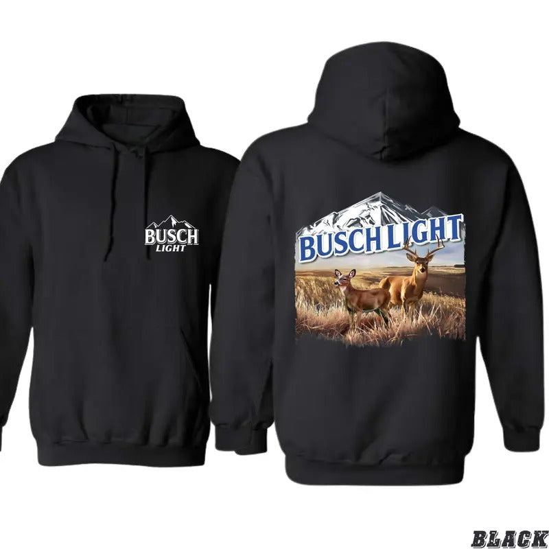 Busch Light Hoodie - Classic Outdoor Design Featuring Majestic Deer and Mountain Graphics, country boy clothing, Perfect for Beer Lovers and Nature Enthusiasts, Unisex Hoodie for a Comfortable and Rustic Look Menswear Sweaters