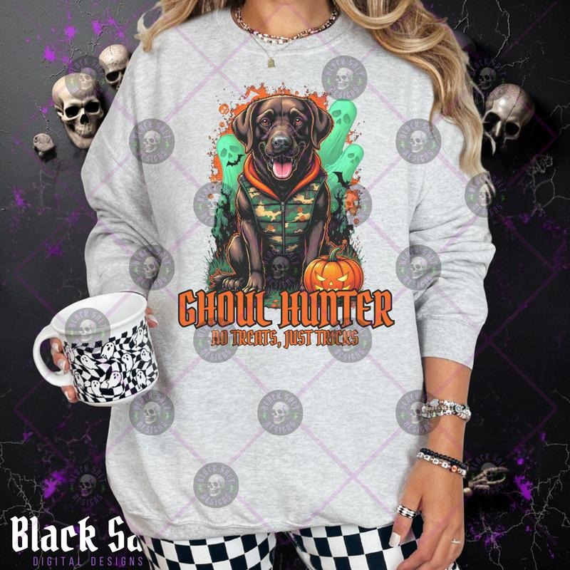 CHOC LAB Ghoul Hunter No Treats Just Tricks Camo Halloween Grunge Skulls Cotton Crewneck Sweatshirt Hoodie Casual All Seasons Women's Graphic Top Pullover Streetwear Style Vintage Crew Neck Graphic Design Comfortable Machine Washable Womenswear